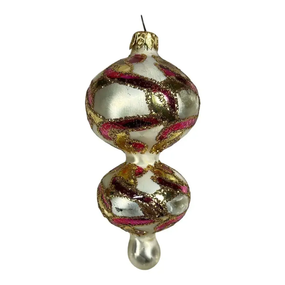 Christopher Radko Mercury Glass Double Ball Finial Christmas Ornament Gold Pink